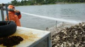 Steven Taylor sprays shells into a polluted section of the New River.
