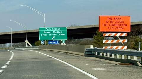 A sign on U.S. Route 322 westbound shows the off-ramp to Park Avenue will close starting Tuesday, March 31. PennDOT officials say drivers will have to follow a detour at this exit, and at the I-99 southbound exit to Port Matilda. PennDOT expects these detours to stay in place until early June.