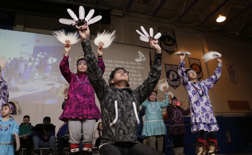 Members of Caputnguarmiut Yurartai of Chefornak on the Cama'i stage on March 27, 2026 in Bethel, Alaska.