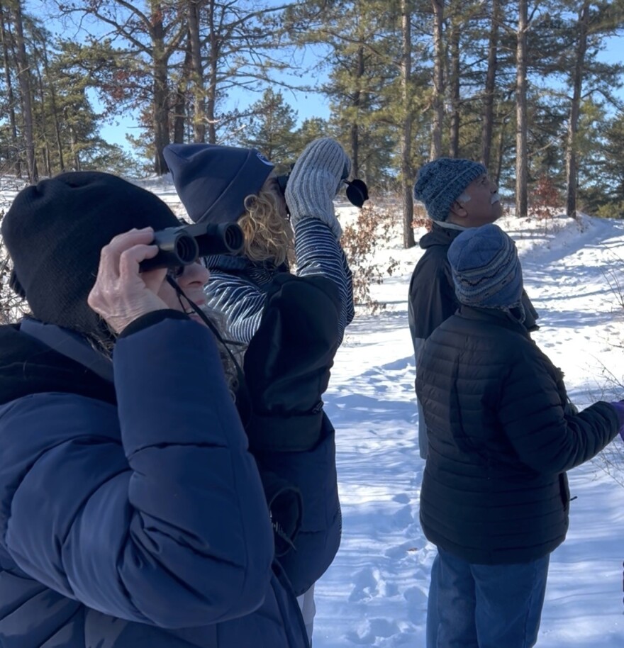 Local birdwatchers observing birds on a trail at the Albany Pine Bush Preserve 