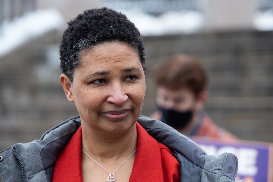 Democratic gubernatorial candidate Danielle Allen speaks to reporters outside the Massachusetts Statehouse Wednesday morning after announcing a new plan that would decriminalize personal use of controlled substances.