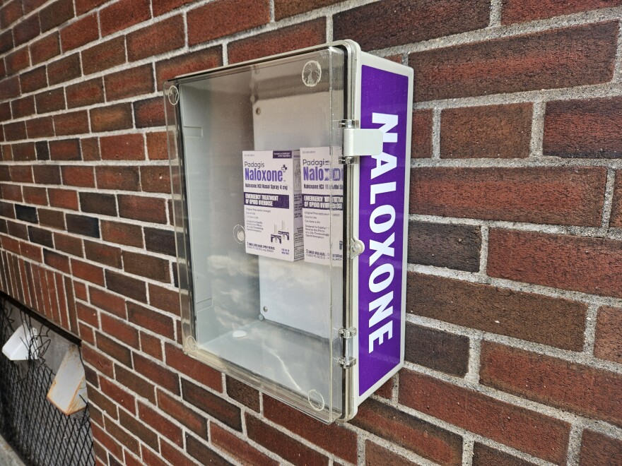 A naloxone receptacle in downtown Pittsfield, Massachusetts.