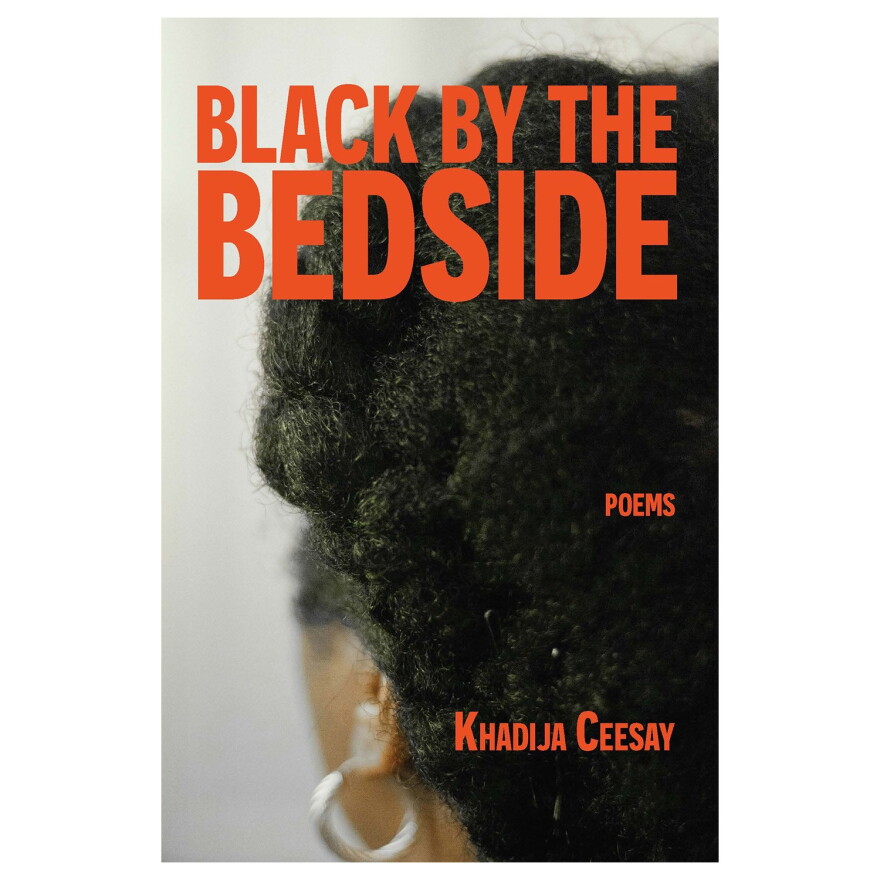 The cover for Black by the Bedside, a book of poems by Khadija Ceesay. The title and author's name are in dark orange text, set against a photo of a woman's black hair.