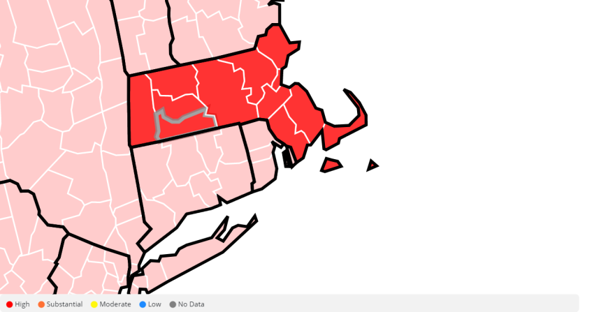 The map of Massachusetts counties from the Centers For Disease Control and Prevention indicates the entire state is now in the"red" zone, or experiencing high levels of community transmission of the coronavirus. 