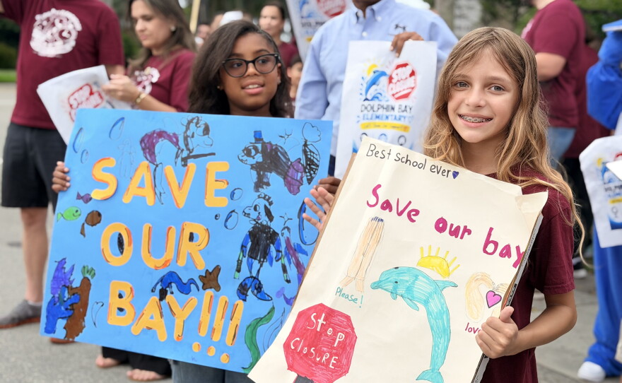 Parents and students at Dolphin Bay Elementary School organized a rally Tuesday, Sept. 28, 2026, to push back against Broward County Public Schools' proposed restructuring plan and offer an alternative for their children's education.