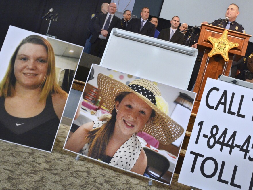 Indiana State Police Peru Post Public Information Officer Tony Slocum provides the latest details of the investigation into the murders of teenage girls Liberty German, left, and Abigail Williams in Delphi, Ind., Feb. 22, 2017.