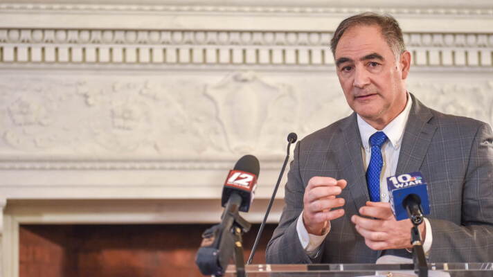 Interim Rhode Island of Transportation Director Robert Rocchio speaks to reporters inside the State House on March 3, 2026.