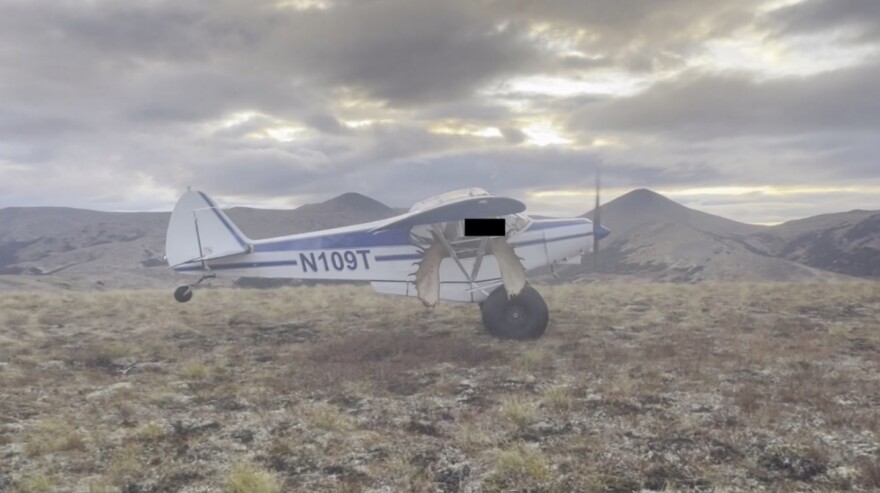 A still from a video shows Eugene "Buzzy" Peltola Jr.'s plane taking off from a remote airstrip near St. Mary's on Sept. 12, 2023, moments before the crash that killed him.