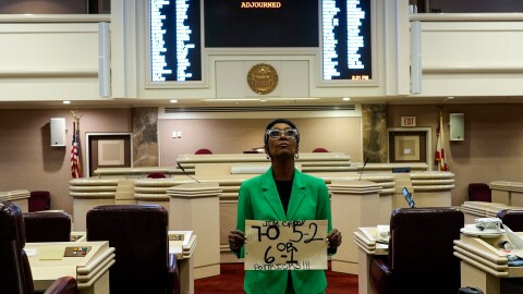 Democratic Alabama State Rep. Juandalynn Givan stands on the House floor after the body voted on a redistricting bill during a special session of the Alabama Legislature, Wednesday, May 6, 2026, in Montgomery, Ala.