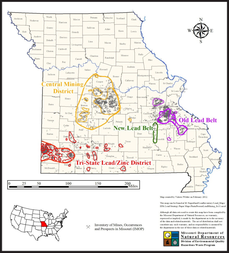  This map shows the approximate locations of the mining districts in Missouri according to the state’s Department of Natural Resources. The proposed silica mine sits on the eastern side of the Old Lead Belt.