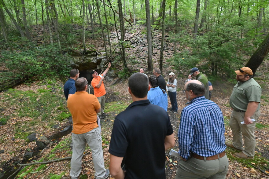 Bobby Hughes, executive director of the Eastern Pennsylvania Coalition for Abandoned Mine Reclamation (EPCAMR), leads a tour of a mine reclamation project in Shickshinny.