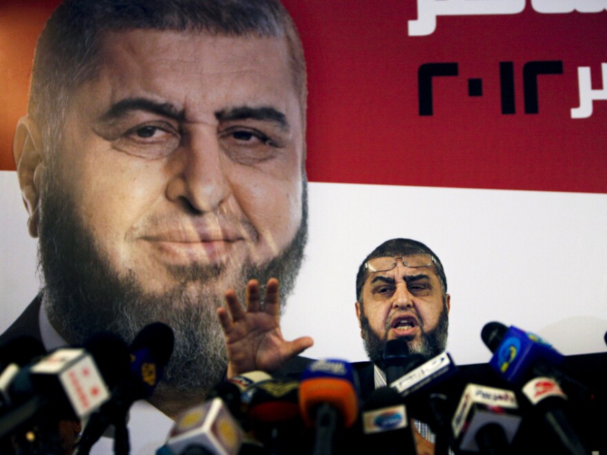 Khairat el-Shater, a presidential candidate with the Muslim Brotherhood, talks to reporters during a press conference in Cairo on Monday.