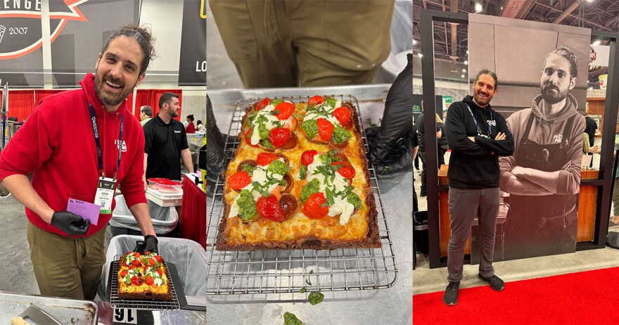 Three images are clipped together into one file. The left is Adam Elpayaa posing with his award-winning pizza, the middle is a closeup of the detroit-style pizza, and the right is him posing with a large print out of himself. 