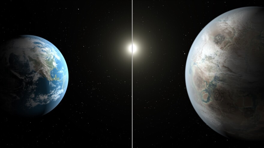 Artist's concept compares Earth (left) to the new planet, called Kepler-452b, which is about 60 percent larger in diameter.