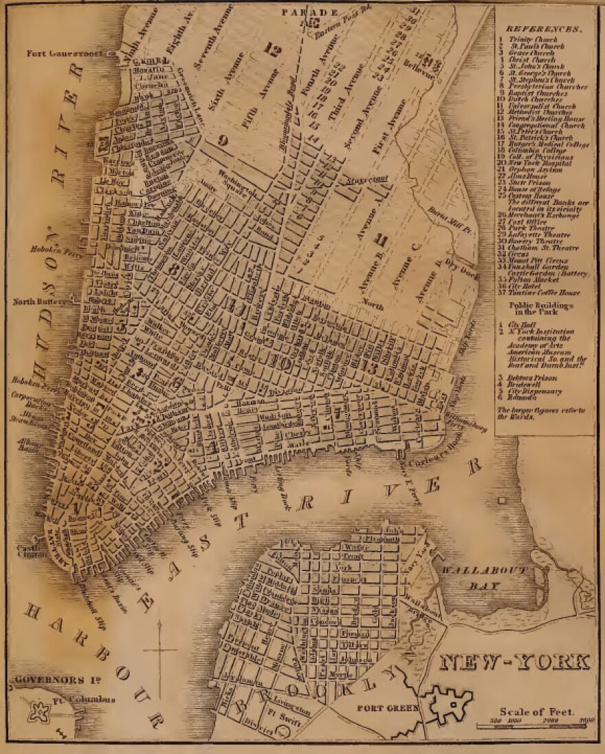 "Bowery Boys" co-hosts Tom Meyers and Greg Young call themselves "home-schooled historians," and they do extensive research for their show and its related blog. For an episode about Manhattan's grid pattern, they dug up this map from a book published in 1840.