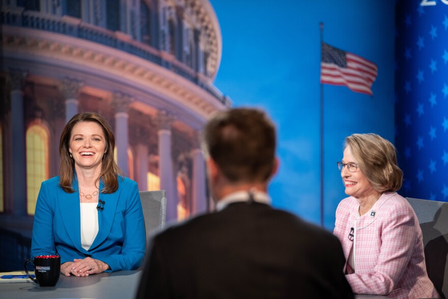 1st Congressional district candidates, State Rep. Christina Bohannan, left, and U.S. Rep. Mariannette Miller-Meeks take part in a debate at Iowa PBS in Johnston, Monday, Sept. 26, 2022.