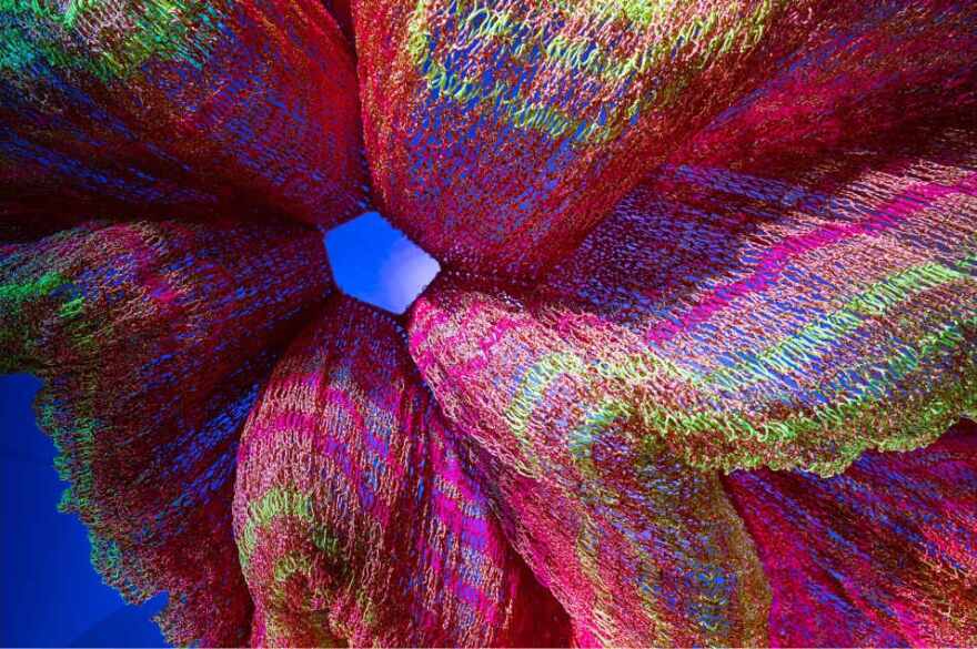 Janet Echelman netted sculpture from 'Radical Softness' exhibition at Sarasota Art Museum.