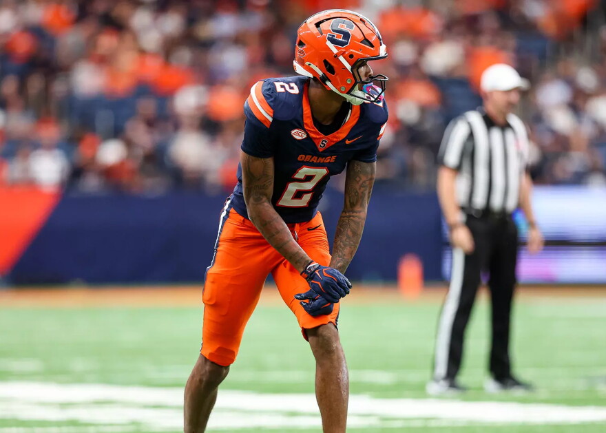 Syracuse wide receiver Umari Hatcher (2, Navy) lines up awaiting a snap.