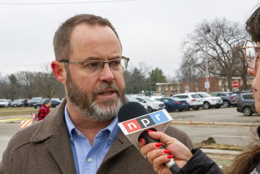 Home Sweet Home Ministries CEO Matt Burgess at ribbon-cutting ceremony of non-congregate shelter village in Bloomington, The Bridge.
