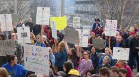 A lunchtime crowd with homemade signs crowded on Juneau’s capitol steps on March 20, 2019, urging the state to support the Alaska Marine Highway System. (Photos by Jacob Resneck/CoastAlaska)