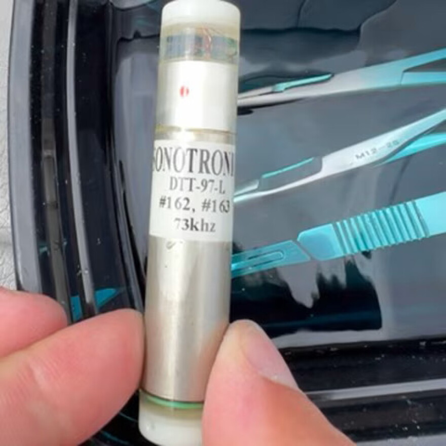 A Sonotronics Depth Telemetry Transmitter capsule used by BSU researchers to track muskies.