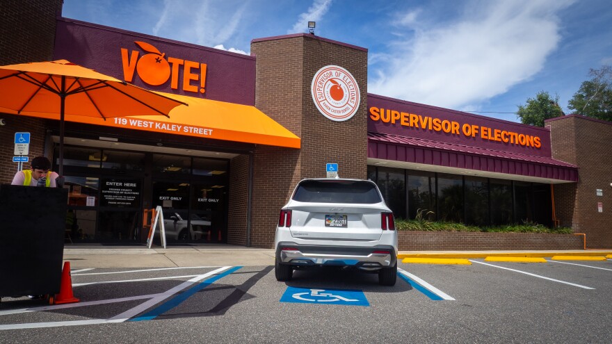 A parking attendant takes shelter under an umbrella during a lull in early voting at the Orange County Supervisor of Elections office on Monday, Aug. 10, 2026.