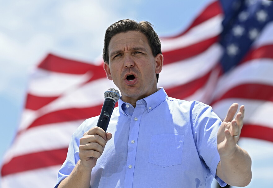 Republican presidential candidate Florida Gov. Ron DeSantis speaks at an annual Basque Fry at the Corley Ranch in Gardnerville, Nev., Saturday, June 17, 2023. (AP Photo/Andy Barron)