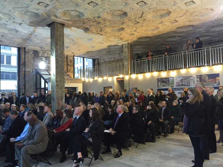 The groundbreaking was held inside the Landmark Building.