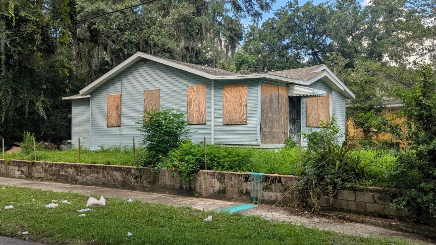 A boarded-up home 