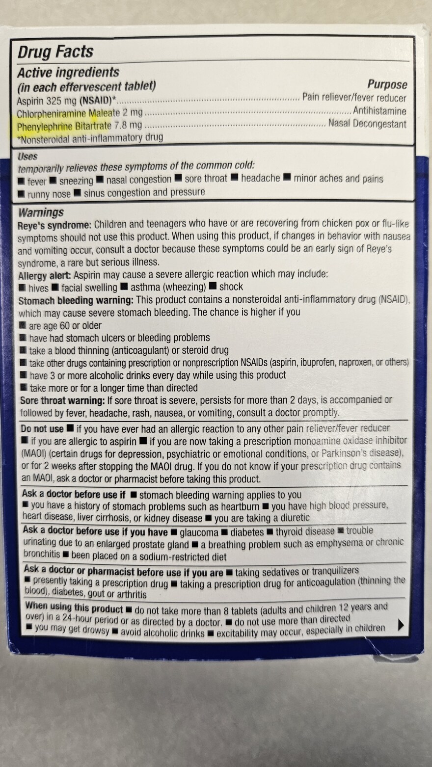 A cold medicine label with phenylephrine highlighted