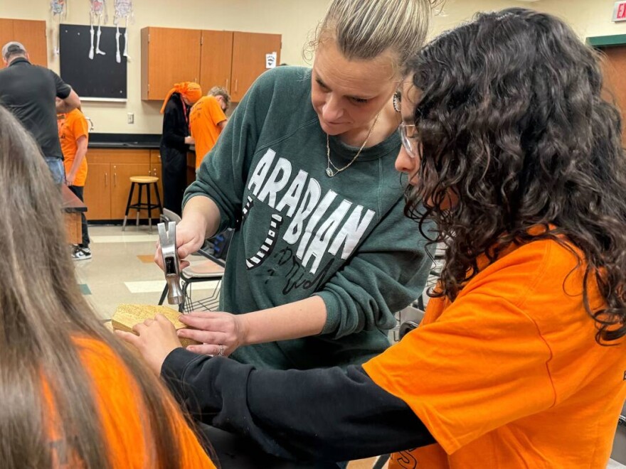 Karen Shreves owns a remodeling company in Pendleton with her sister, Beth Carey, and their mom. They started an annual skilled trades career event last year called Build Your Future Trades Day for seventh graders at Pendleton Heights Middle School. Students can explore career paths through hands-on projects, like building tables and wiring lamps.