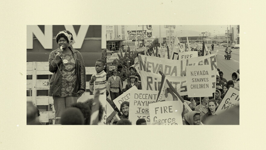 Ruby Duncan speaks to a crowd of welfare rights protestors. 