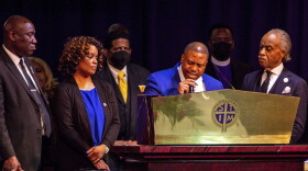 Amir Locke's father Andre Locke speaks during his funeral Thursday at Shiloh Temple International Ministries in Minneapolis. Locke was killed Feb. 2 by Minneapolis police as they executed a no-knock search warrant.