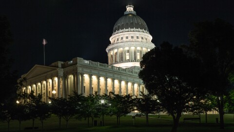 Utah State Capitol is pictured at night.