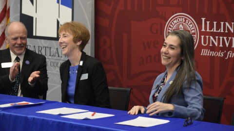 Ani Yazedjian, right, and Sarah Diel-Hunt signed new articulation agreements Tuesday.