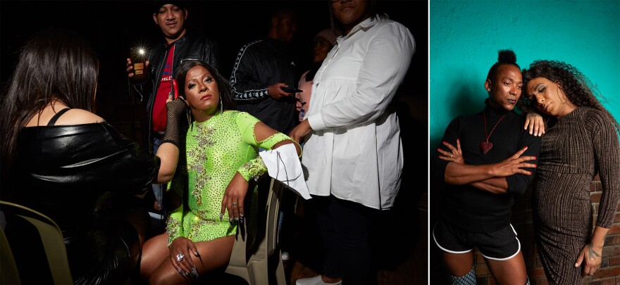 <strong>Left:</strong> Chedino sorts out her friend Jada's hair, a contestant at the Miss Gay Legacy beauty pageant at St. Mary's Church in Retreat, Cape Town, South Africa, in 2022. <strong>Right:</strong> Audience member Zsa Zsa Gabor (left) and performer Angel Lalamore backstage at the 2022 edition of the Miss Calendar Girl pageant.