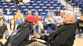 Frank L. Lane, left, and Frank M. Lane, right, compete in the ear pull event at the World Eskimo-Olympics 2026.