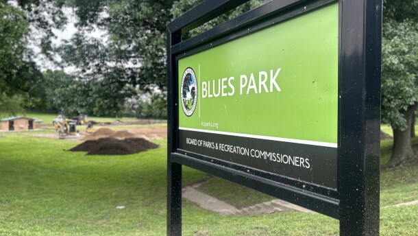 The Blues Park Sign with construction going on in the background.