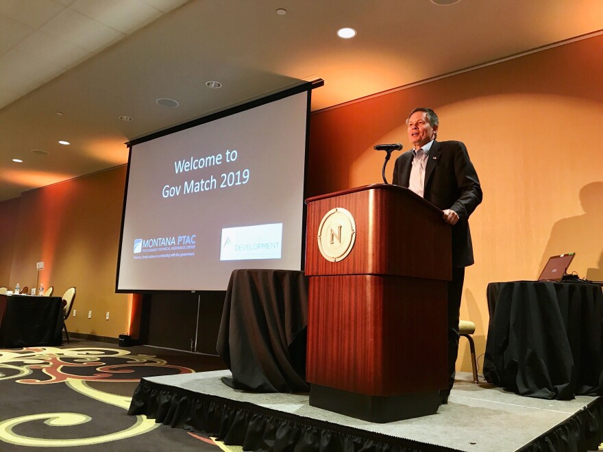 Montana U.S. Senator Steve Daines speaks at GovMatch 2019 in Billings on May 29.