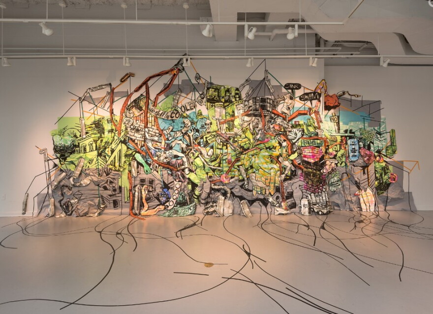 Civic Body, Acrylic, flashe, paper, and tape on wall and floor, approx. 10 x 30' 2017