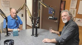 Former Gov. Bill Walker, left, and running mate Randy Hoffbeck sit for an interview at the Alaska Public Media studios in Anchorage.