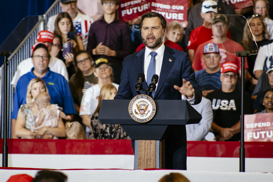 Vice President JD Vance promotes the Trump administration’s accomplishments on taxes and trade at a rally in Council Bluffs on Sept. 18, 2026.