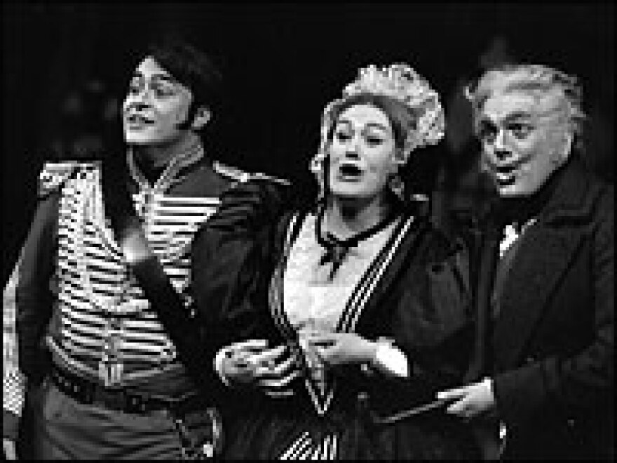 Pavarotti (left), at age 30, with Joan Sutherland and Spiro Malas in Donizetti's <em>La Fille du Regiment</em> at Covent Garden Opera House, in 1966.