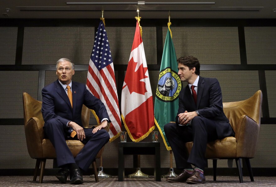 Canada Prime Minister Justin Trudeau, right, and Washington state Gov. Jay Inslee before a meeting Thursday, May 18, 2017, in Seattle. The two were to discuss trade, regional economic development, and climate.