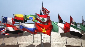 Around 30 flags blow in the wind as they hang from the front of Center City Apartments in Terre Haute.