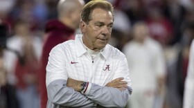 Alabama head coach Nick Saban walks the field in warmups before an NCAA college football game, Saturday, Nov. 4, 2023, in Tuscaloosa, Ala. (AP Photo/Vasha Hunt)
