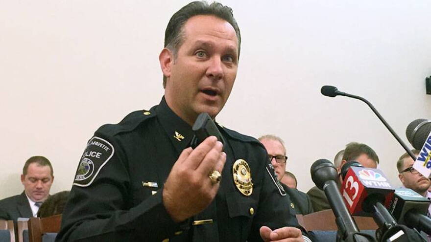 West Lafayette Police Chief Jason Dombkowski testifies before lawmakers on his department's use of body cameras.