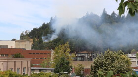 Smoke billows from trees along Skinner Butte due to a vegetation fire