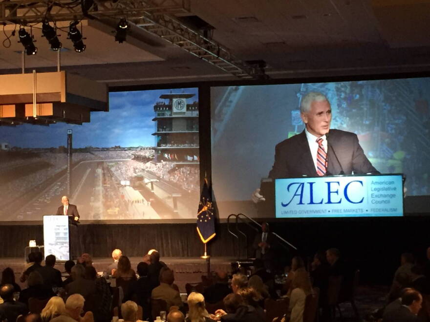 Indiana Gov. Mike Pence, the Republican candidate for vice president, gives a keynote address to ALEC, the American Legislative Exchange Council, at the JW Marriott in downtown Indianapolis on Friday July 29, 2016.