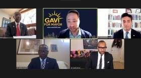 Clockwise from top left: candidate Cecil Thomas, candidate Gavi Begtrup, candidate Aftab Pureval, moderator Andre Perry, and candidate Raffel Prophett.
